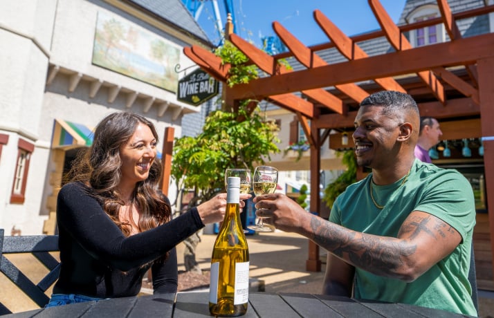 Two people clinking wine glasses together