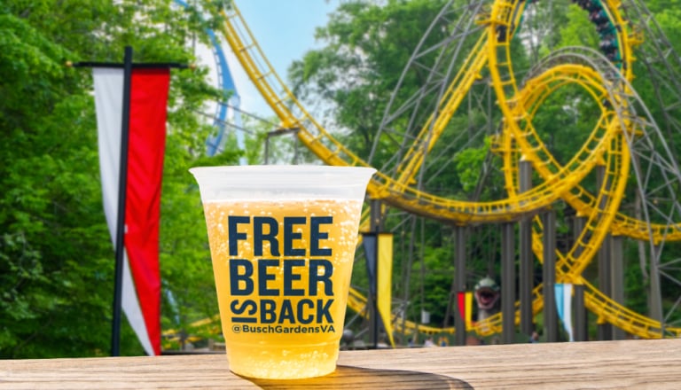 Cup of beer in front of a roller coasters