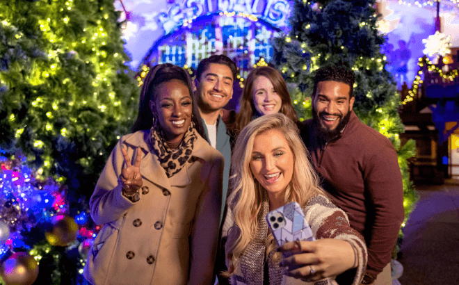 Group taking a selfie in front of Das Festhaus